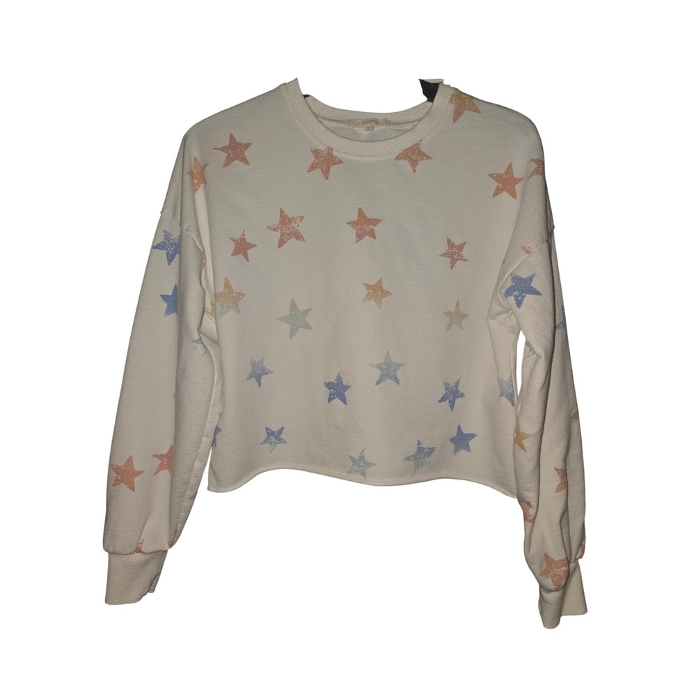 Z Supply Girls Cream Pastel Distressed Star Print Cropped Sweatshirt Size L